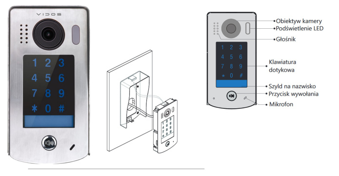 Zestaw jednorodzinny wideodomofonu cyfrowego Vidos Stacja bramowa S1301D monitor M1023W
